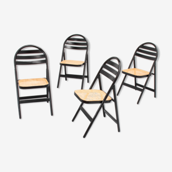 4 chaises pliantes en bois vintage avec sièges en cane