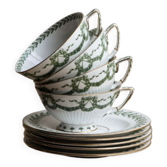Lot de tasses et soucoupes, porcelaine de Sarreguemines, décor "lauriers"