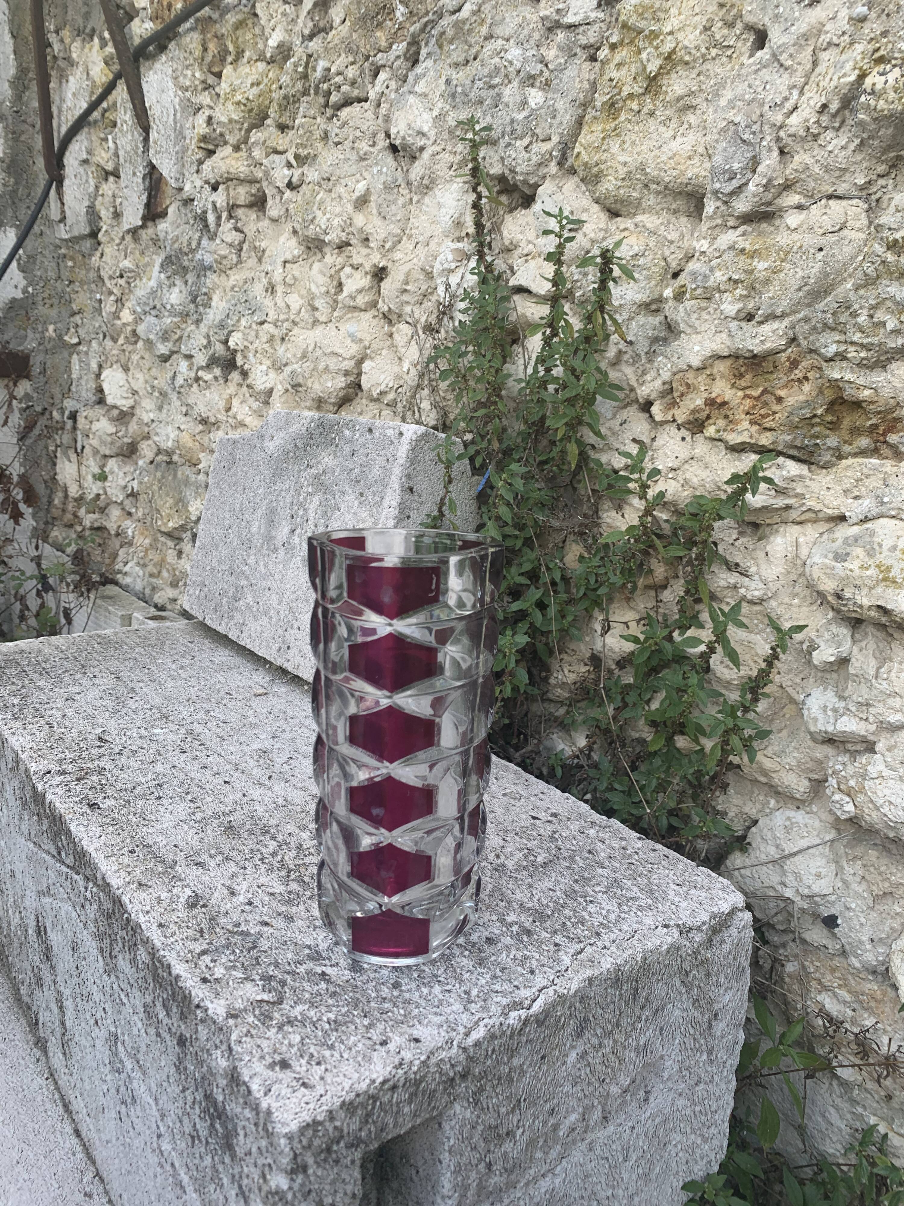Transparent glass vase and burgundy design and vintage 1970