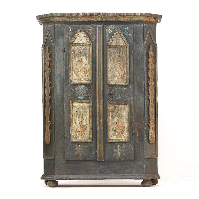 Antique Rustic Farmhouse Folk Art Painted Bridal Cabinet 1882