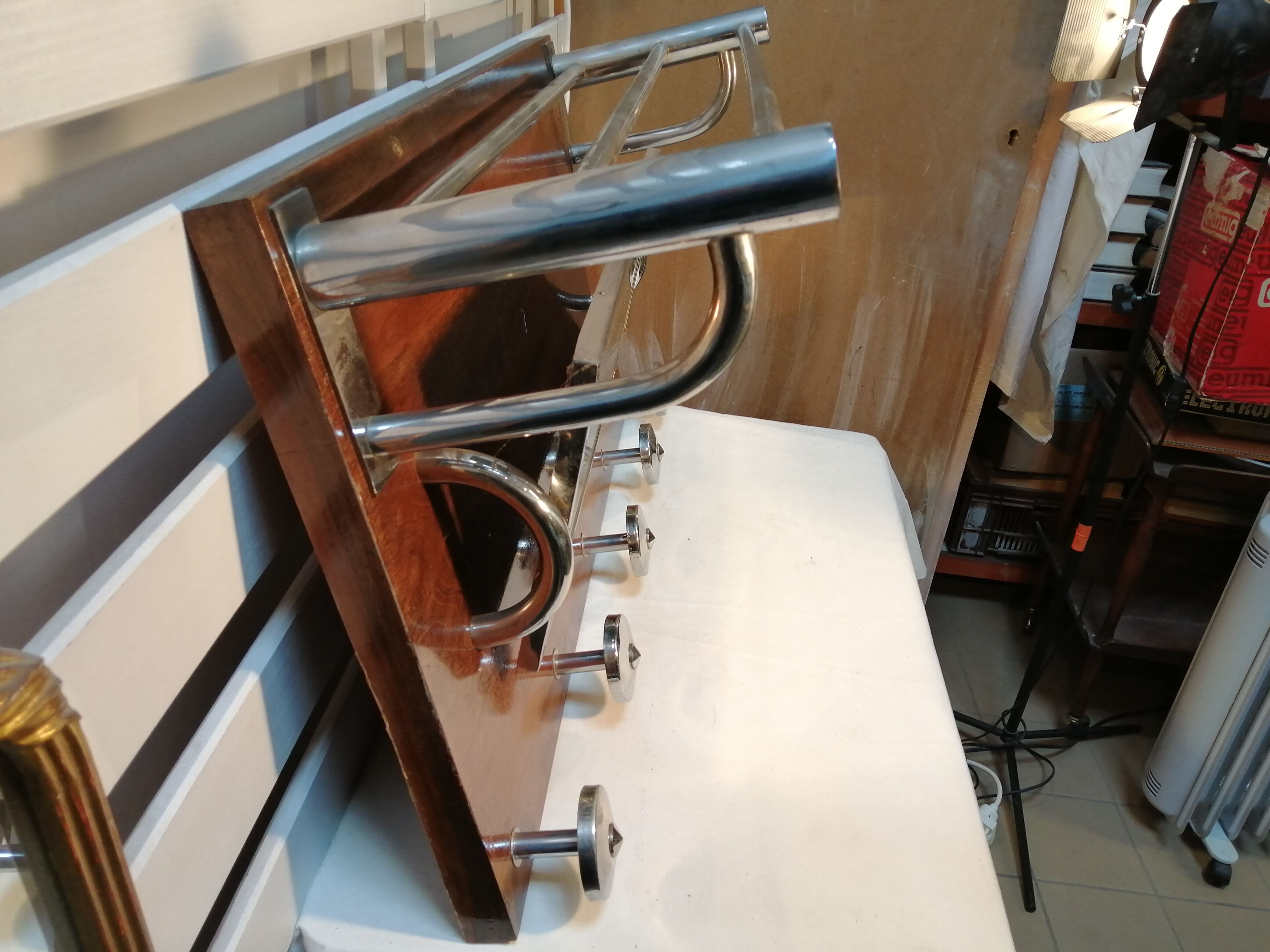Art Deco wall rack - wood and chrome - vintage
