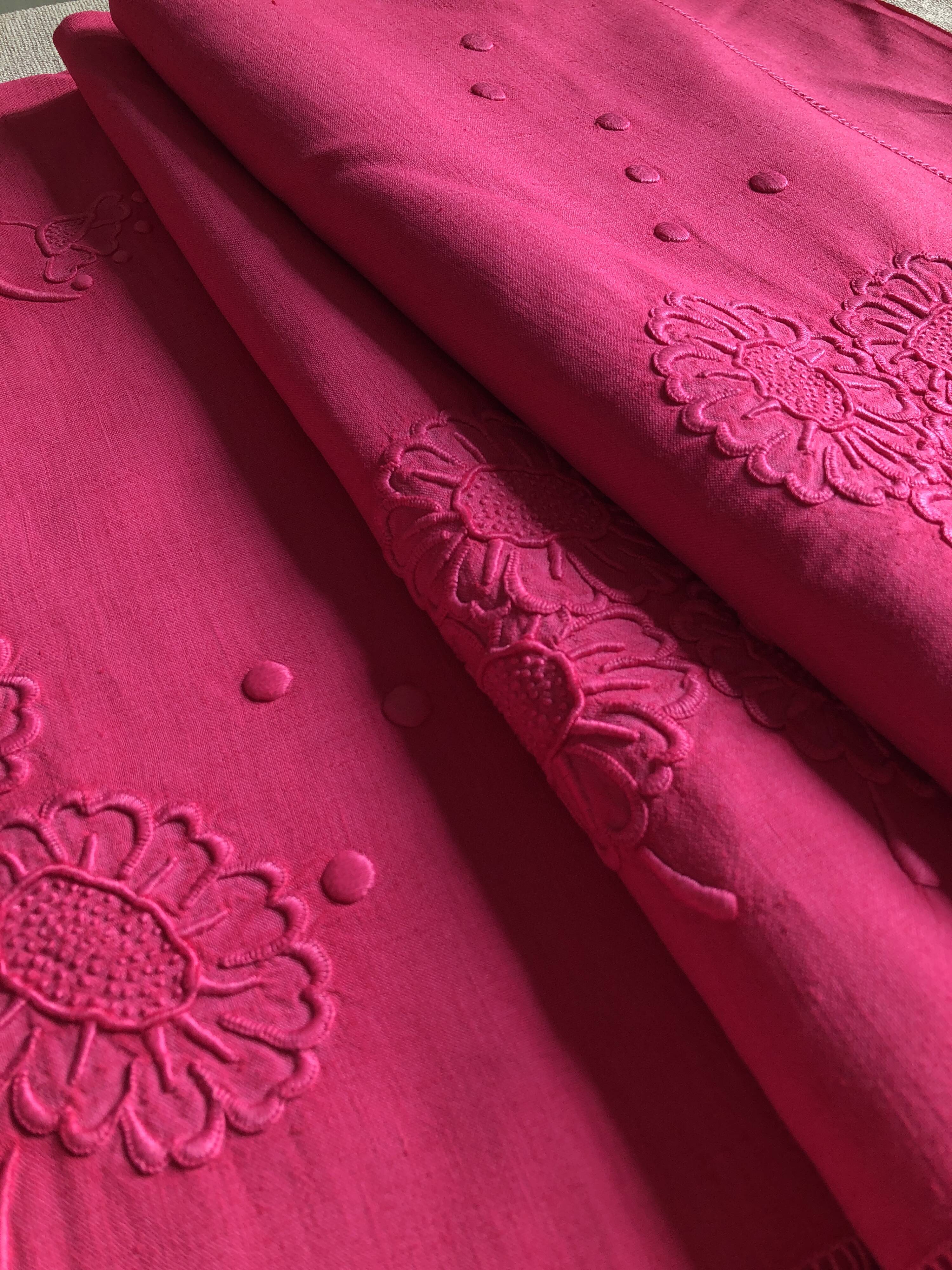 Antique Linen and Cotton Sheet Dyed in Fuchsia