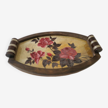 Old Superb Art Deco Style Tray Pink Floral Decor Glass And Wood