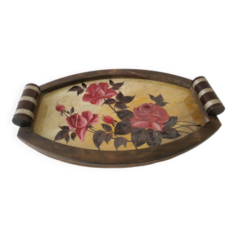 Old Superb Art Deco Style Tray Pink Floral Decor Glass And Wood