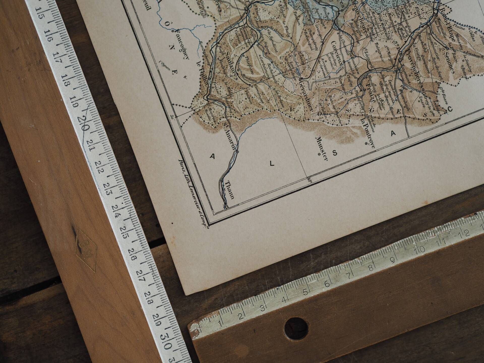 Map of the Vosges, France. Printed antiquity in 1889.
