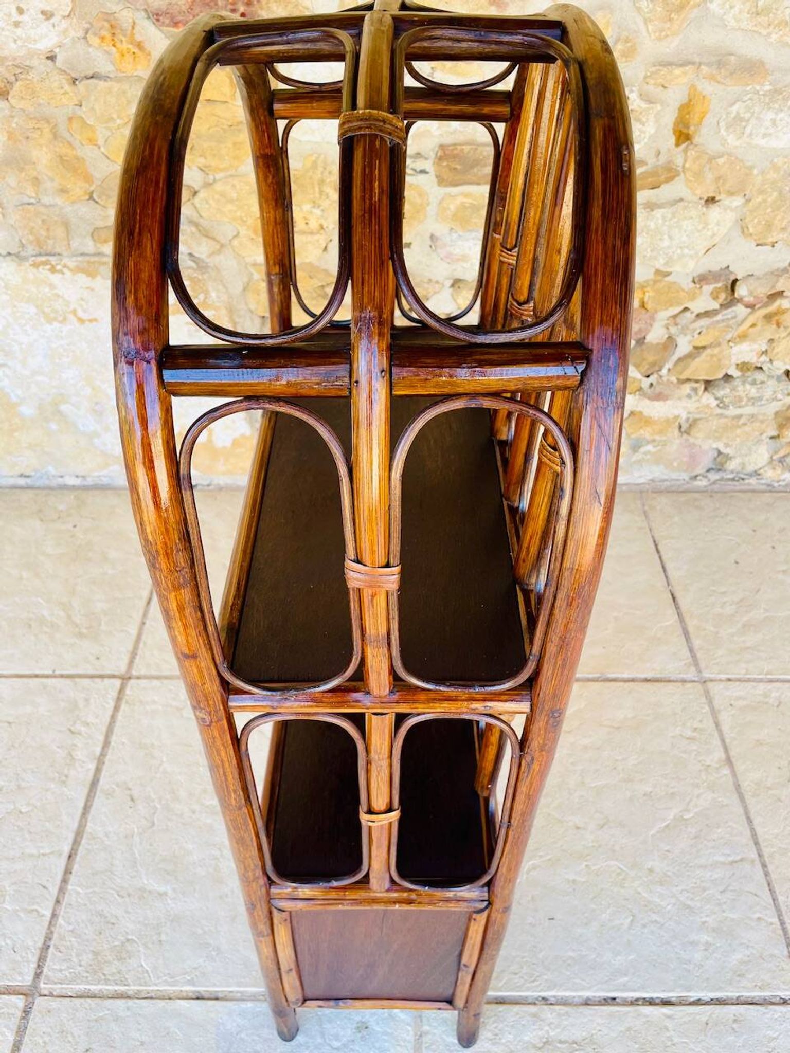 Vintage two-tier bamboo and rattan shelf with storage, Circa 1960