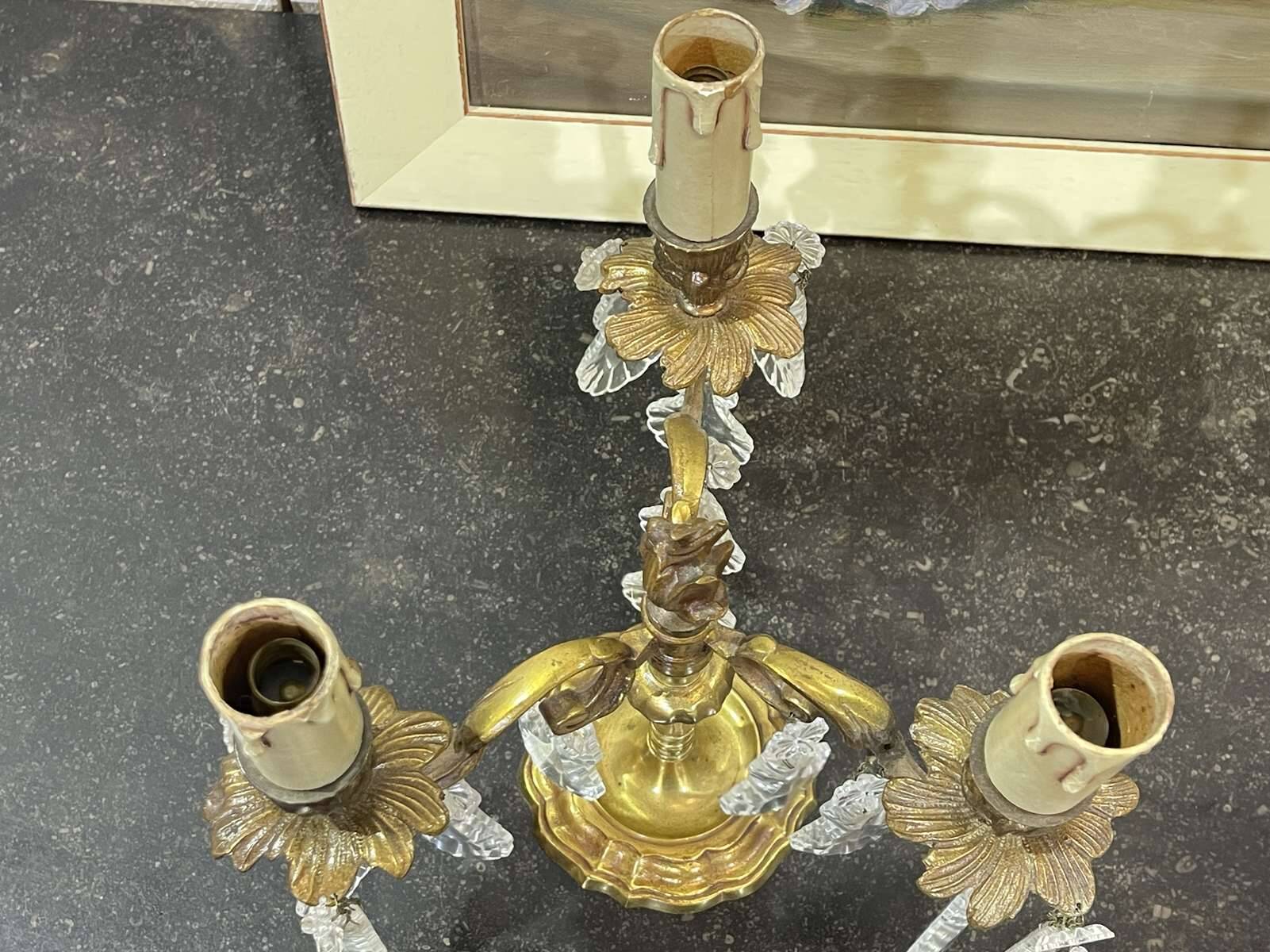 Pair of bronze chandeliers with crystal drops from the 1960s