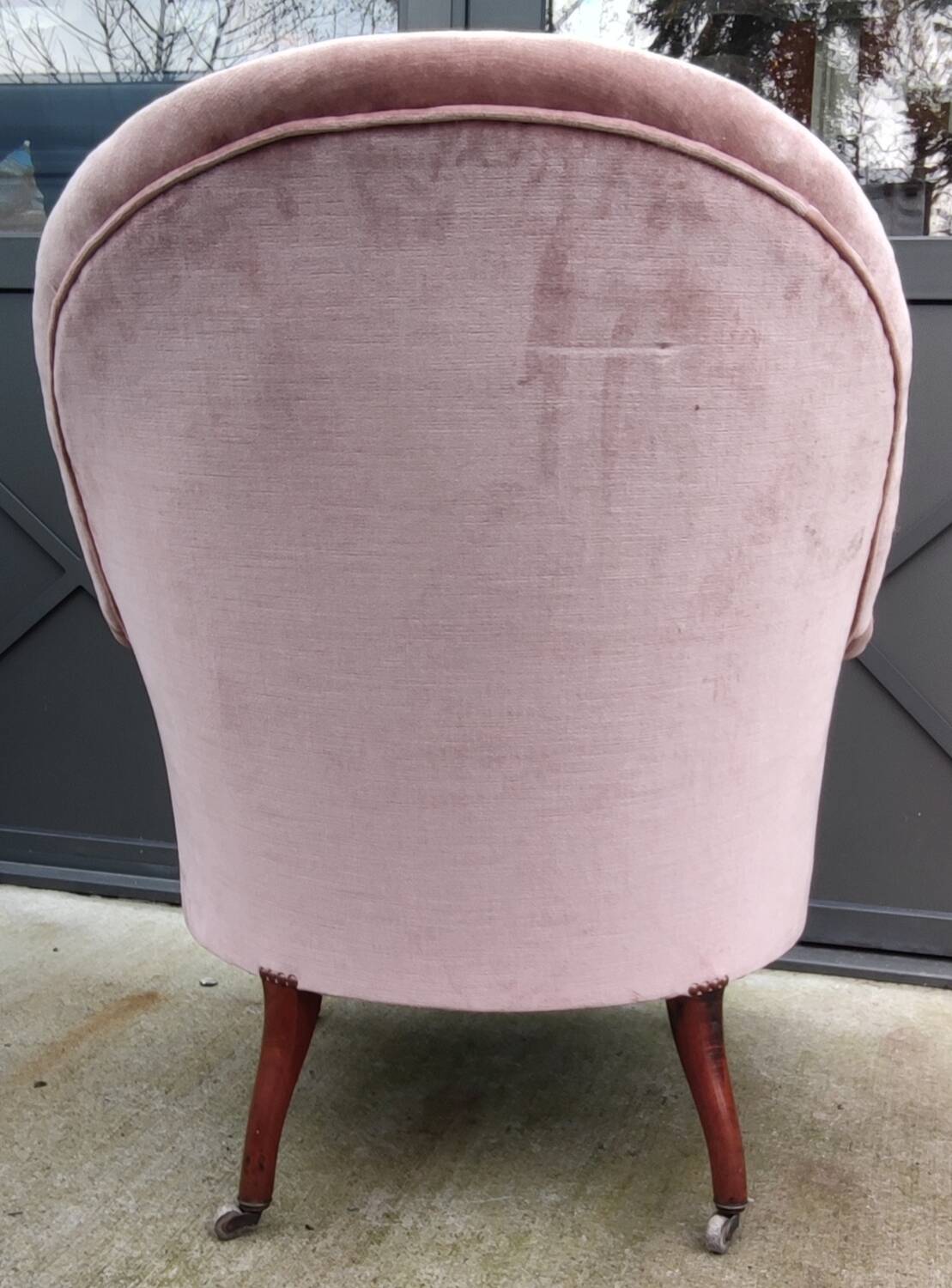 Ancien Fauteuil Crapaud velours Rose Pâle/Style Louis XV