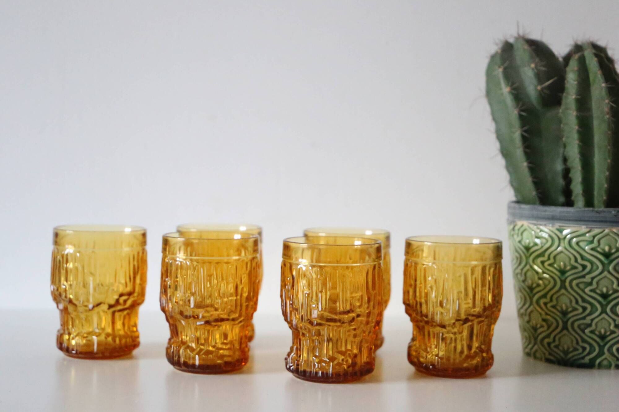 Set of 6 amber glasses, frosted effect, vintage French