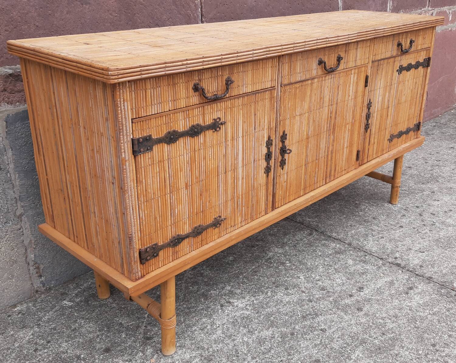 Console table in rattan and bamboo, (Attributed to Audoux-Minet)