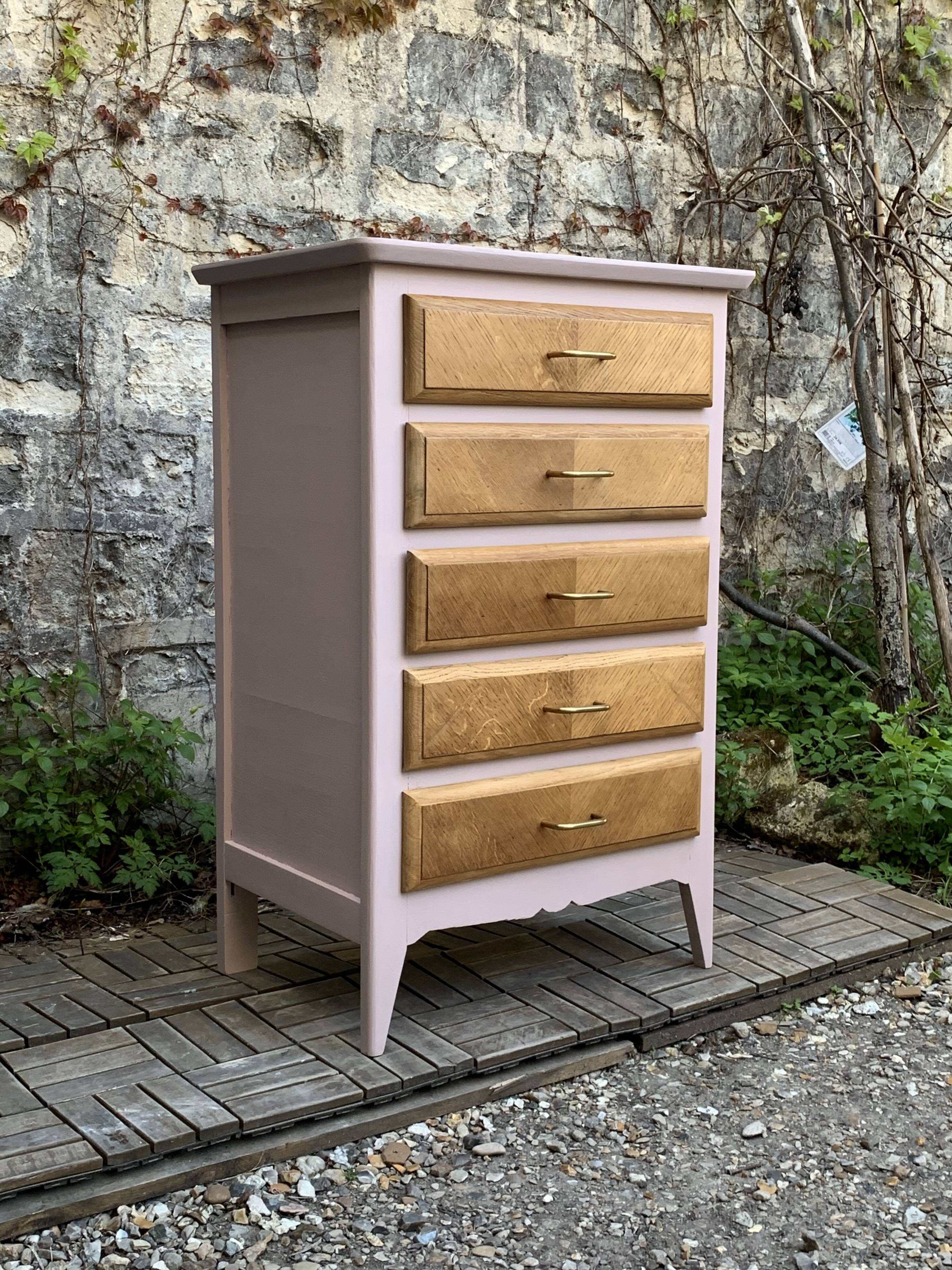 Vintage powder pink compass leg chest of drawers from the 1950s