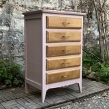 Vintage powder pink compass leg chest of drawers from the 1950s