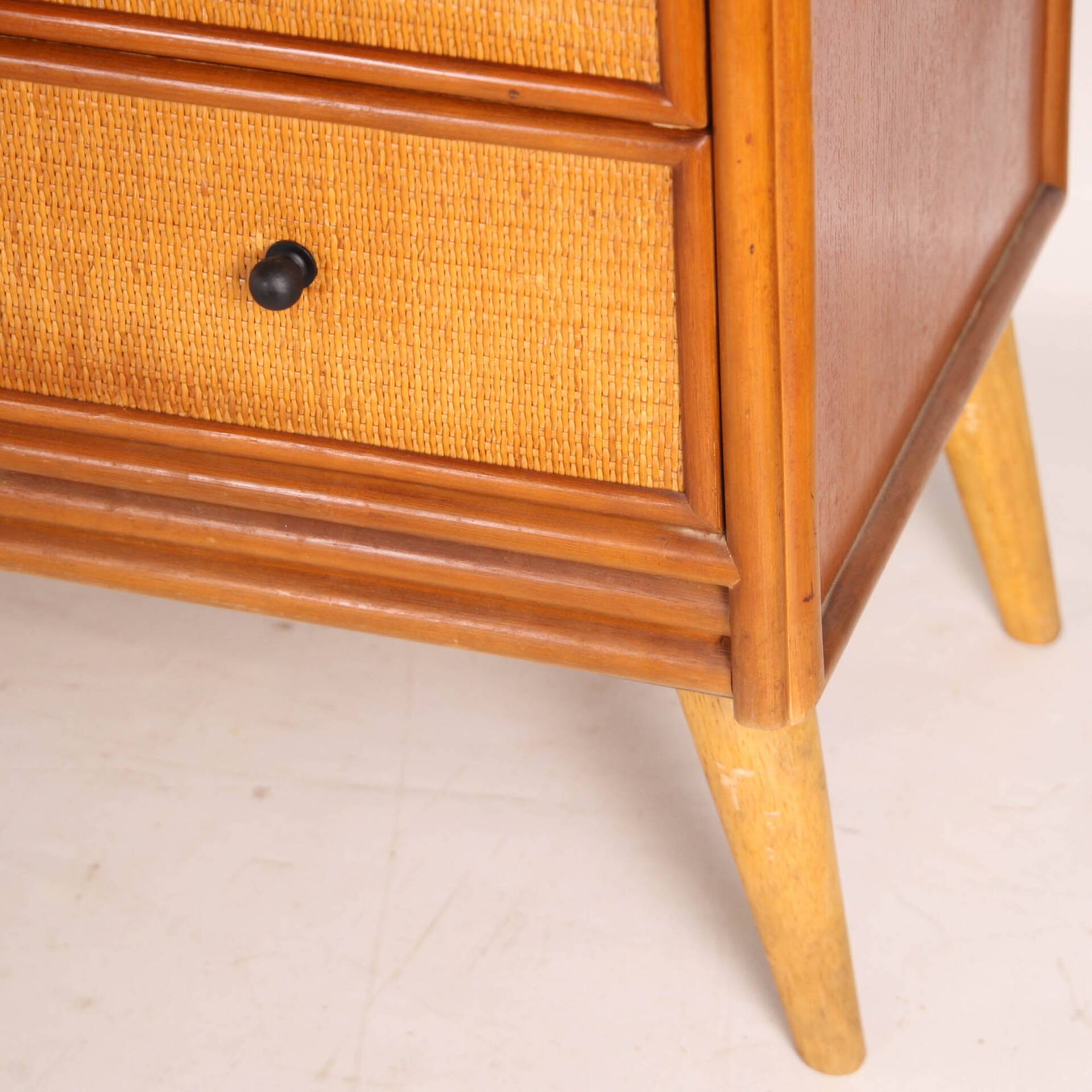 Pair of rattan and wood bedside tables