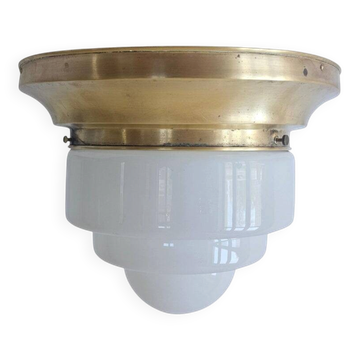 Art Deco Rare Brass and Milk Glass Flush Mount Franta Anyz, 1930s