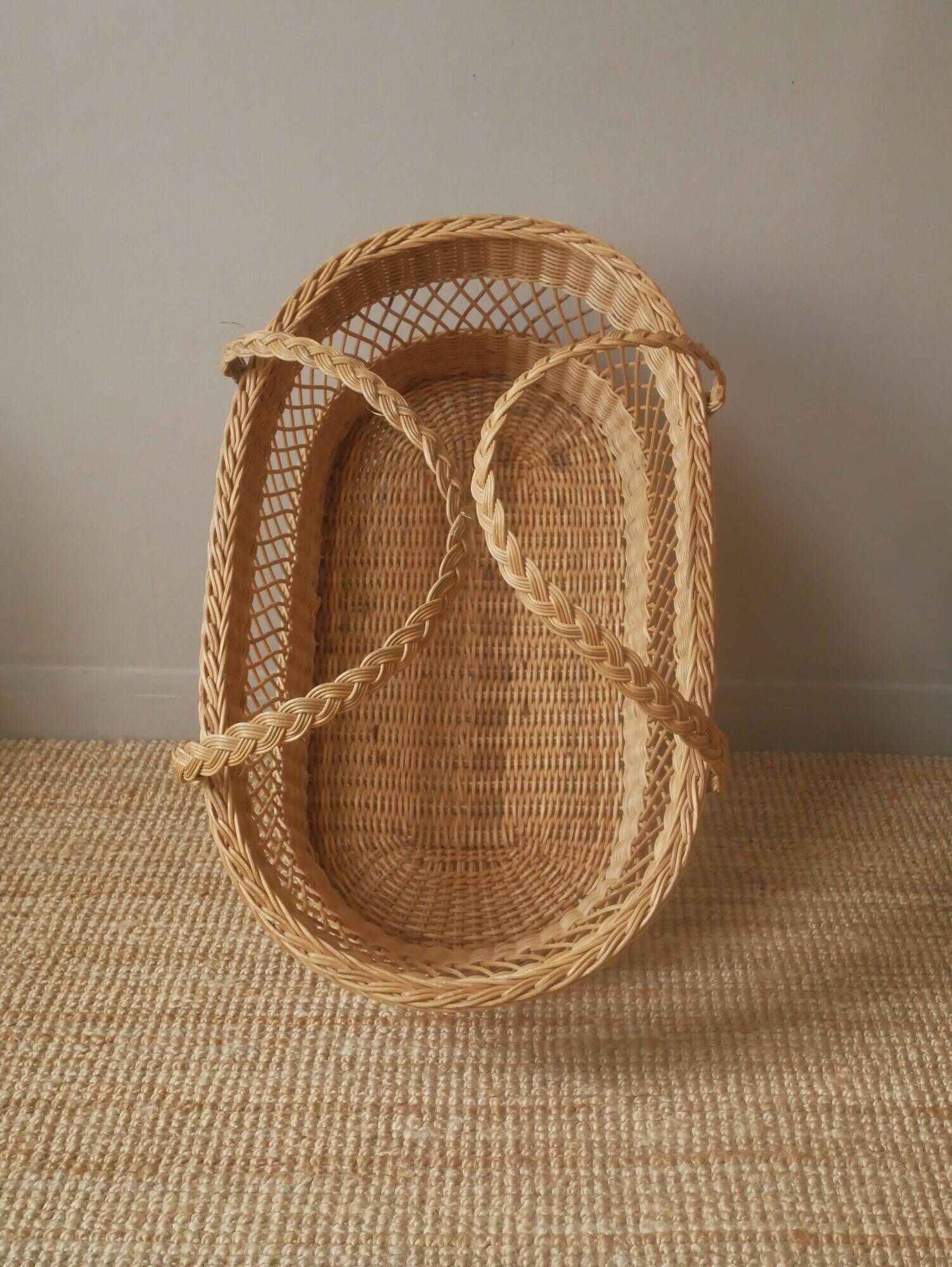 Vintage Moses cradle basket woven wicker handcrafted Scandinavian decoration rattan