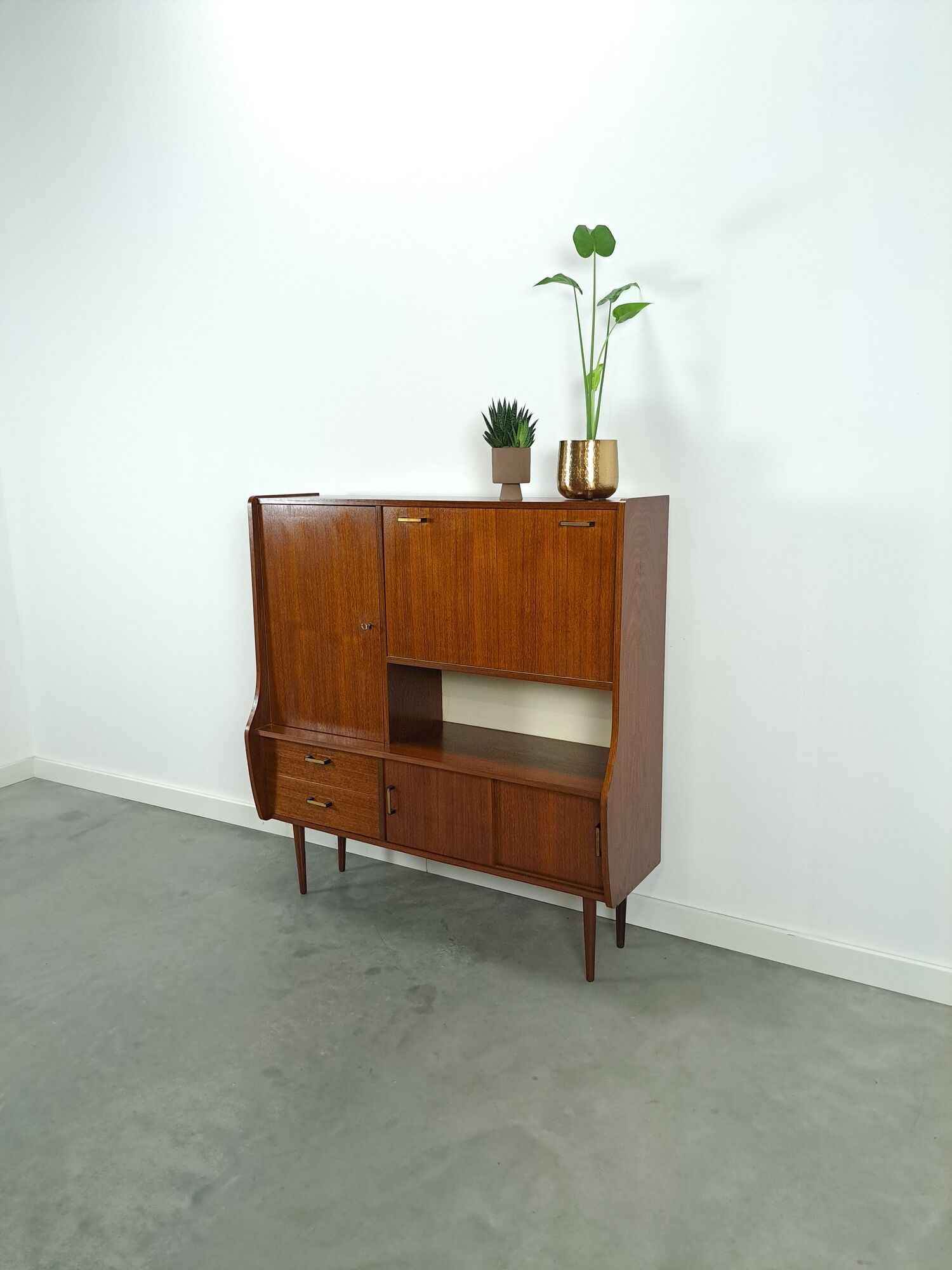 Teak veneer wall cabinet with flap, bar cabinet vintage