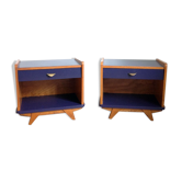 Pair of night blue and wood bedside tables