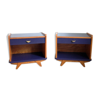 Pair of night blue and wood bedside tables