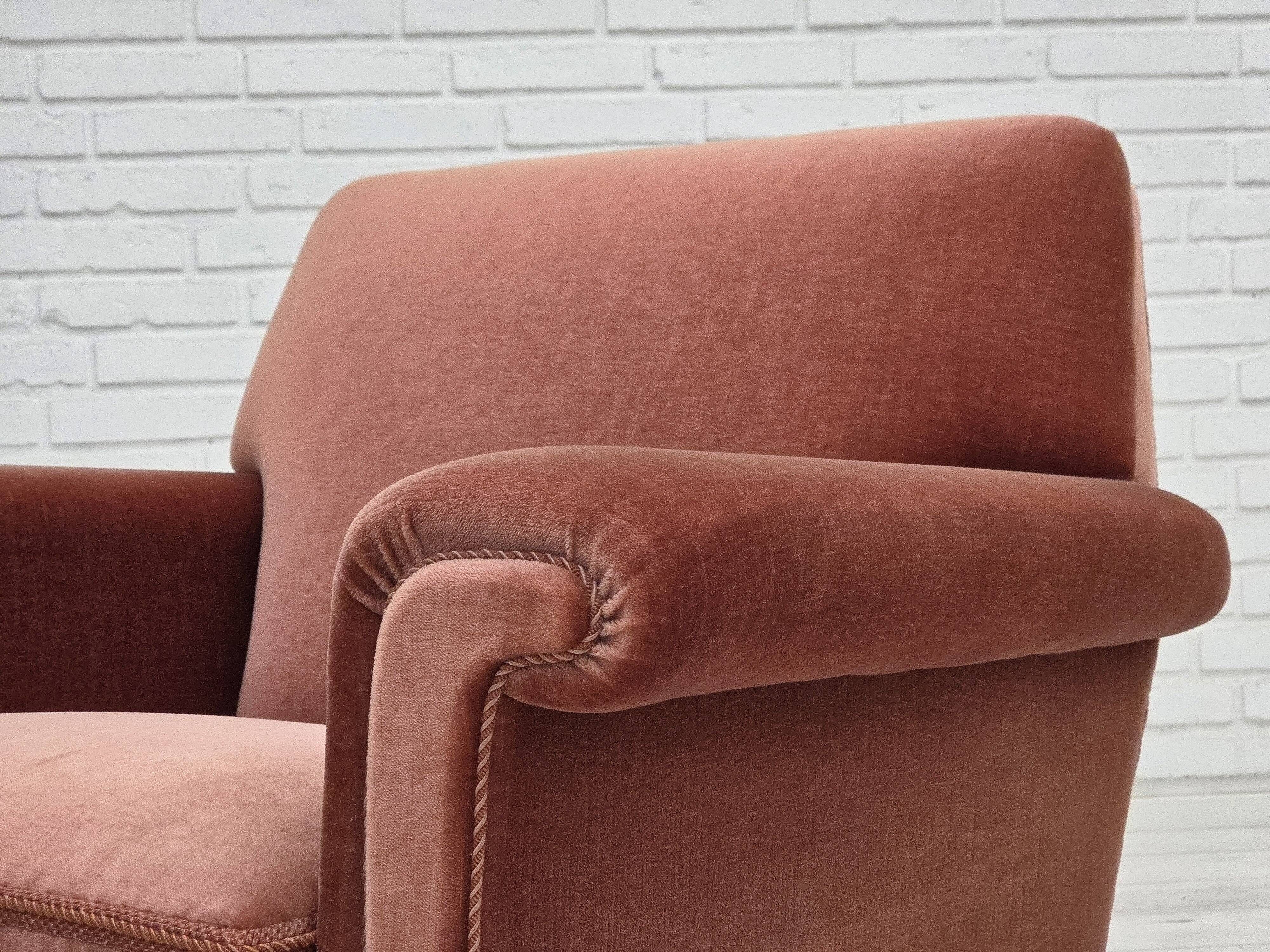 1970s, Danish armchair, salmon pink furniture velour, beech wood.