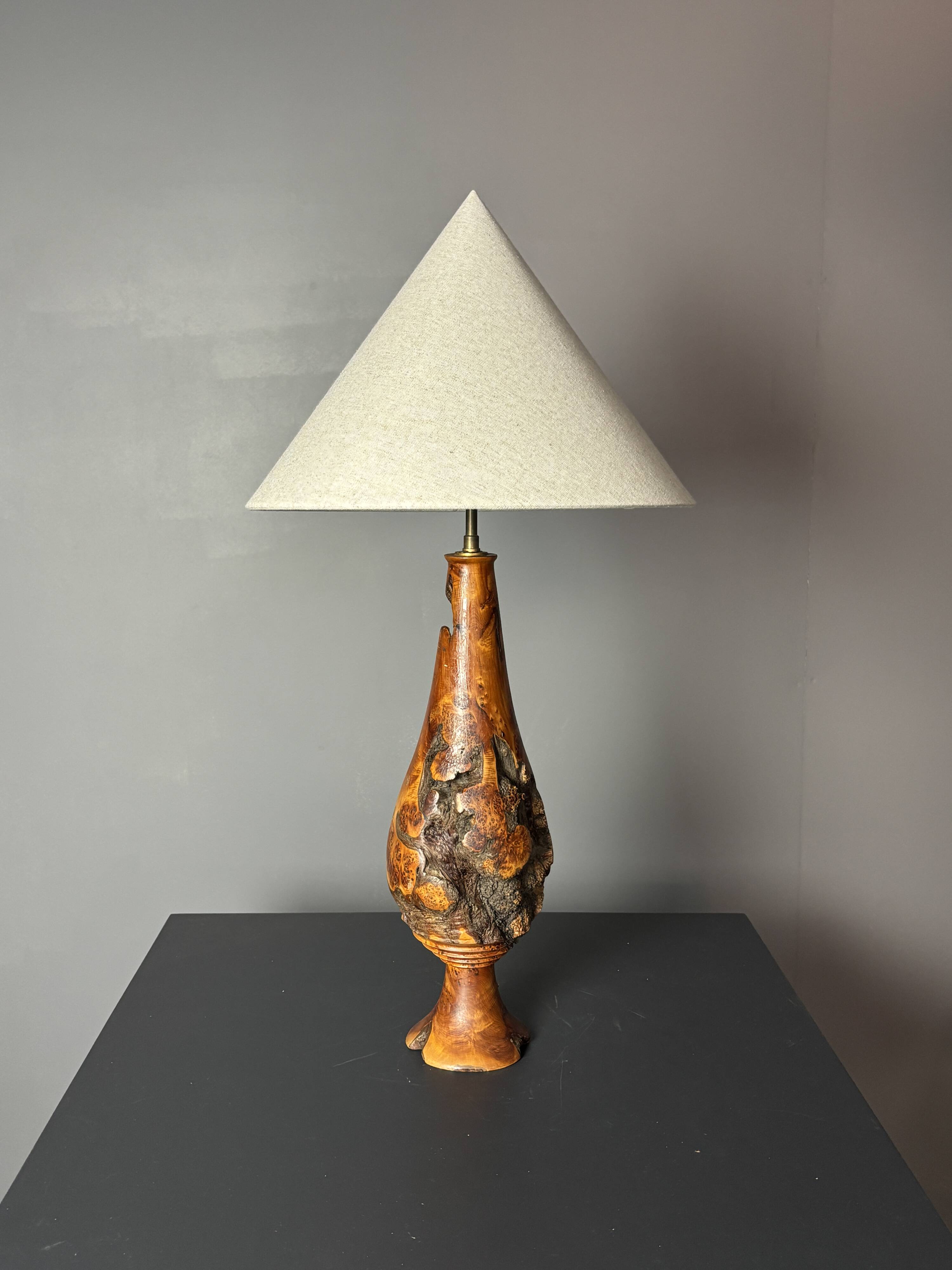 Sculptural artisanal brutalist midcentury burl wood turned table lamp 1960s