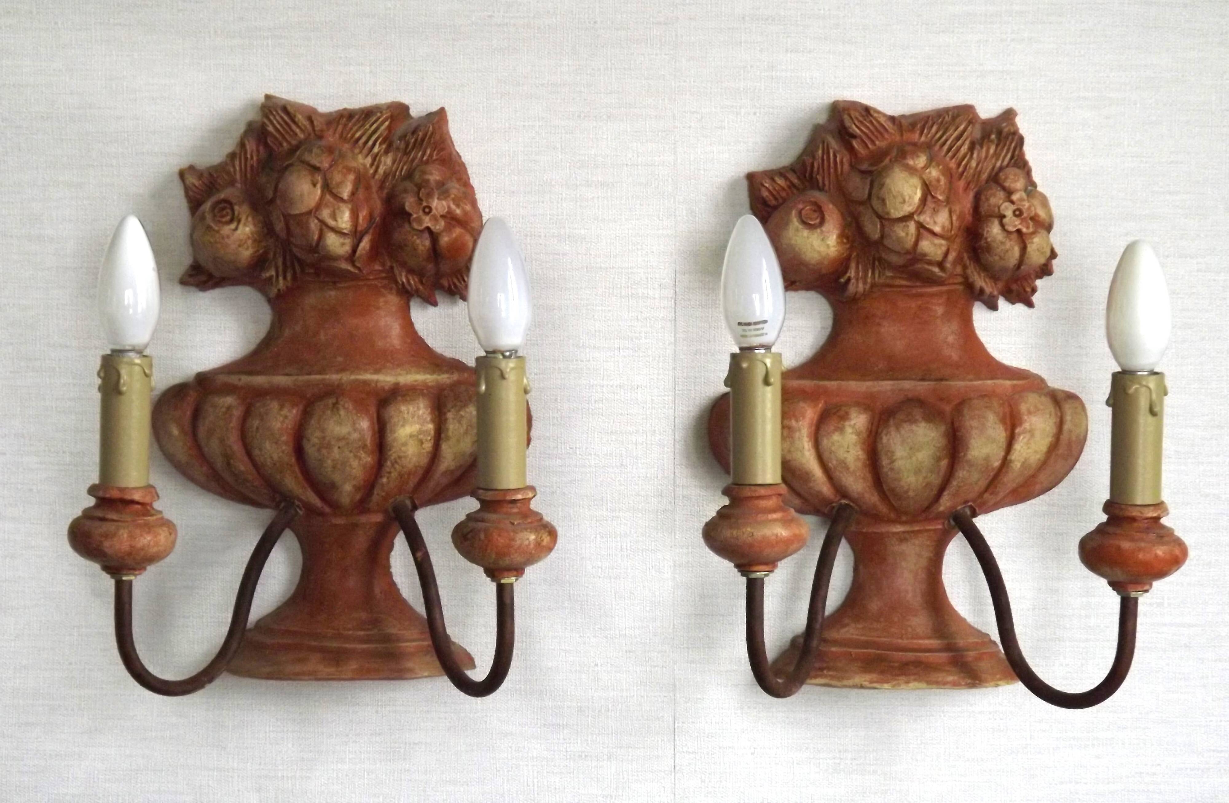 Rare Large Pair of French Terracotta Urn Fruit Basket Double Wall Lights