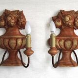 Rare Large Pair of French Terracotta Urn Fruit Basket Double Wall Lights