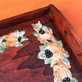 Rectangular wooden service tray with floral decoration
