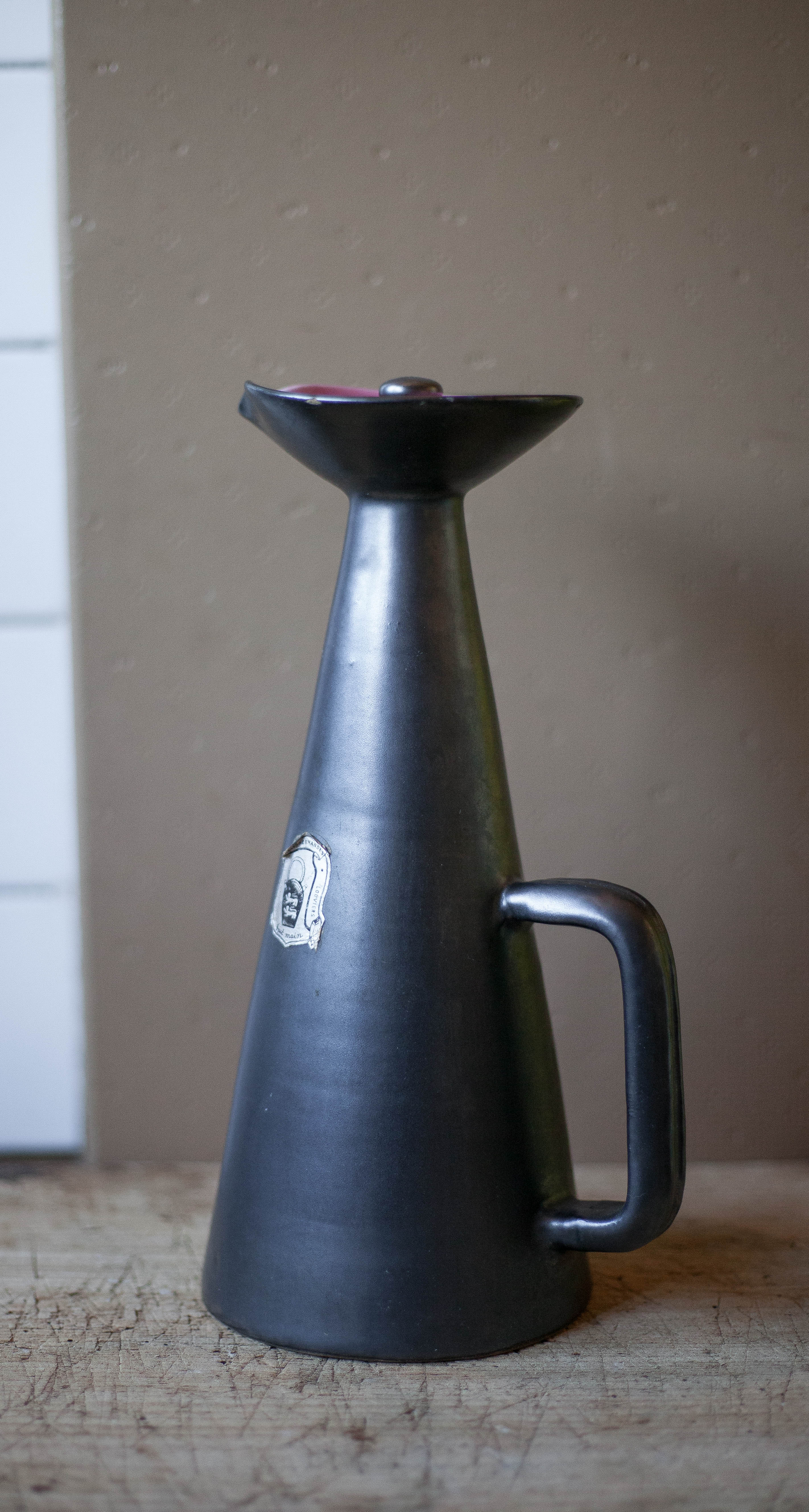 Ceramic pitcher of Louviers manufacture 50s, pitcher with conical handle