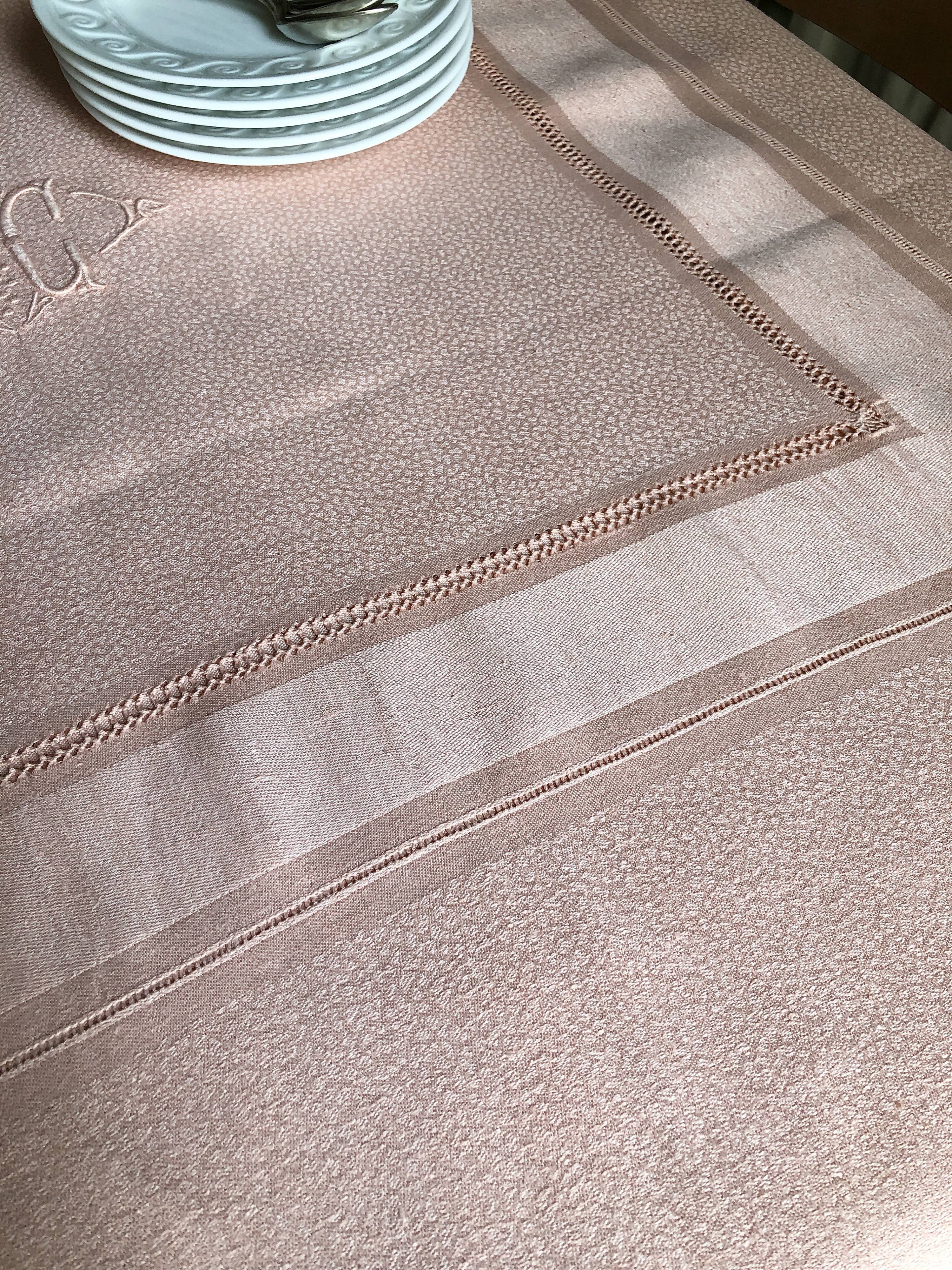 Old damsed tablecloth in linen and silk coral