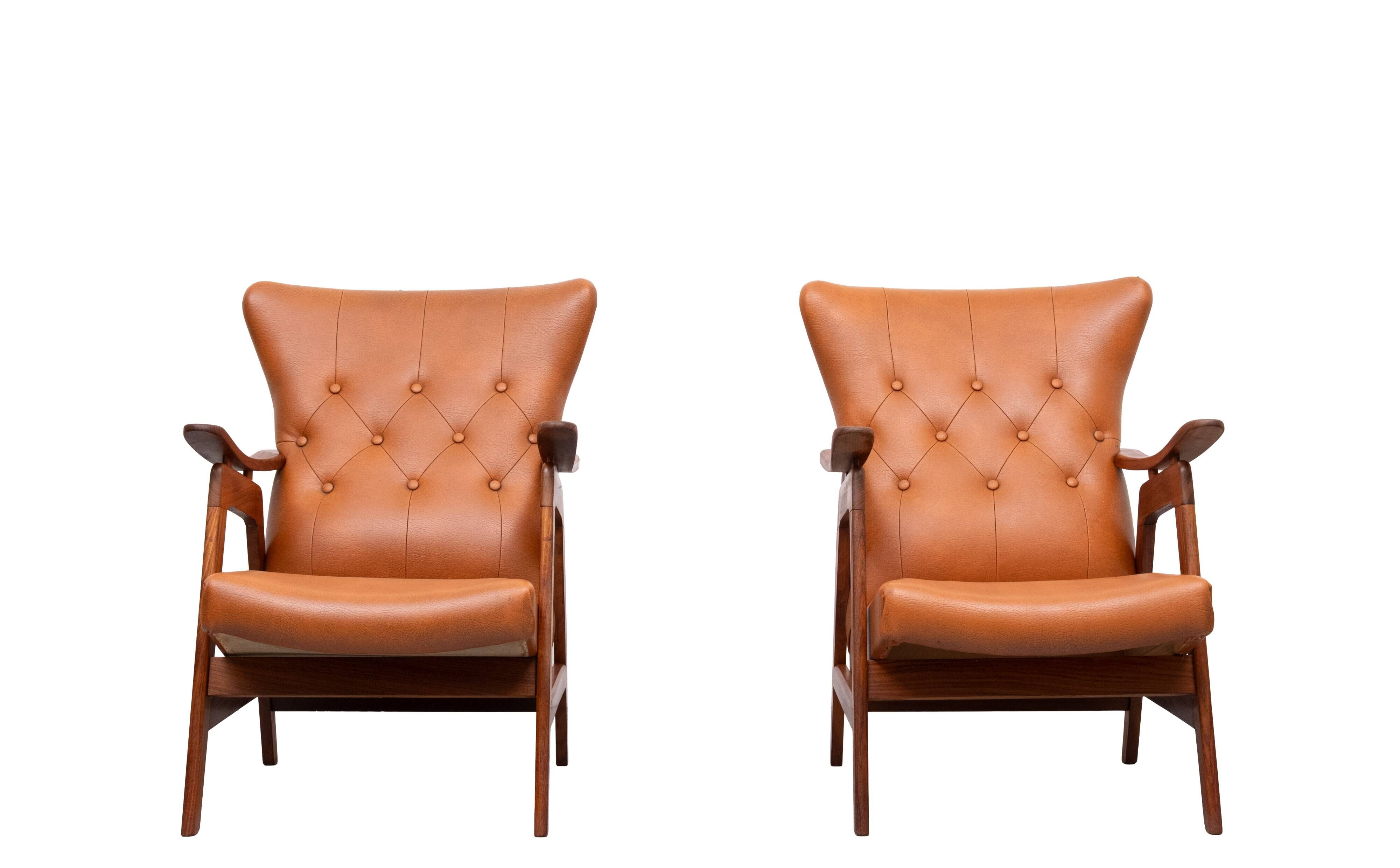 Teak Faux Leather Lounge chairs 1960s Holland