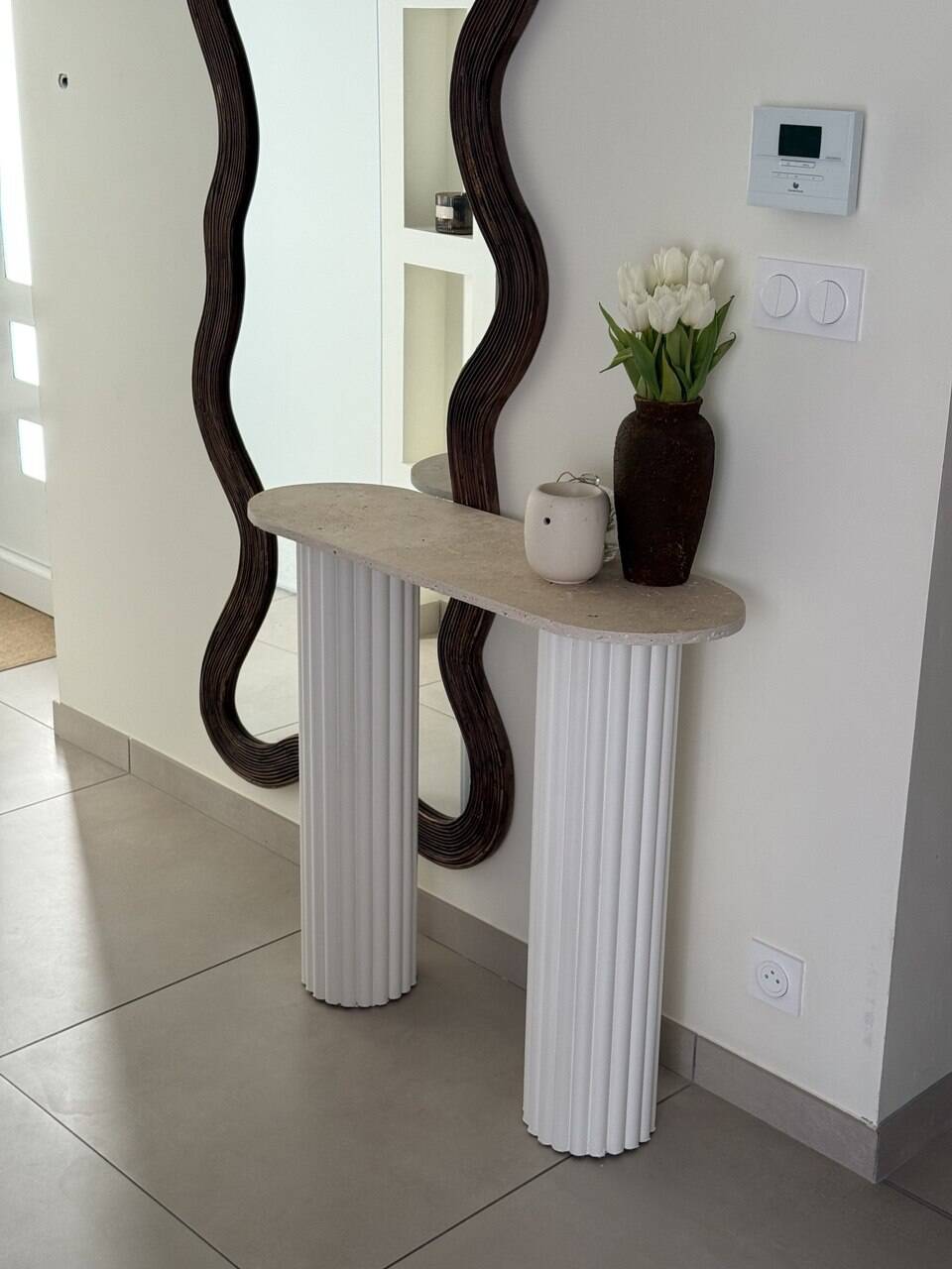 Travertine and wood console | white oak