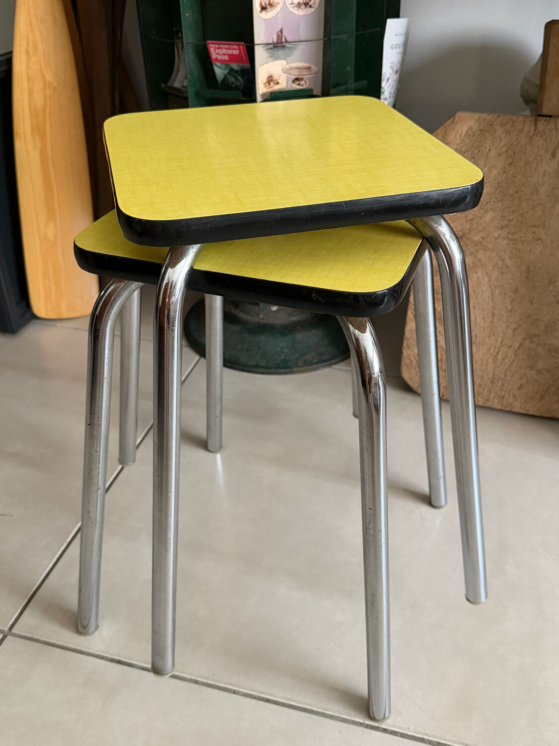 Set of 2 vintage yellow Formica stools