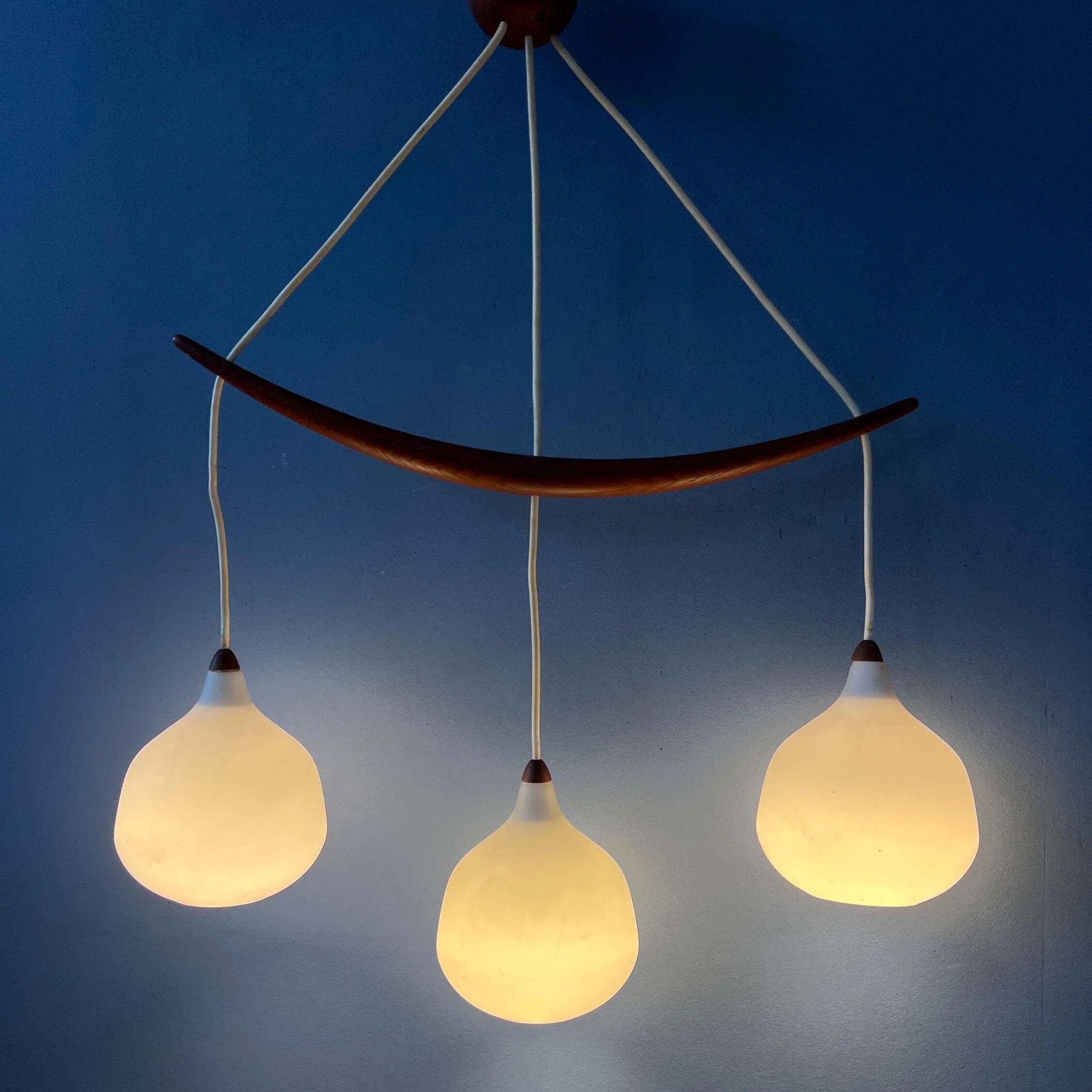 Teak wood and opaline glass chandelier 512 by Uno & Östen Kristiansson for Luxus, Sweden