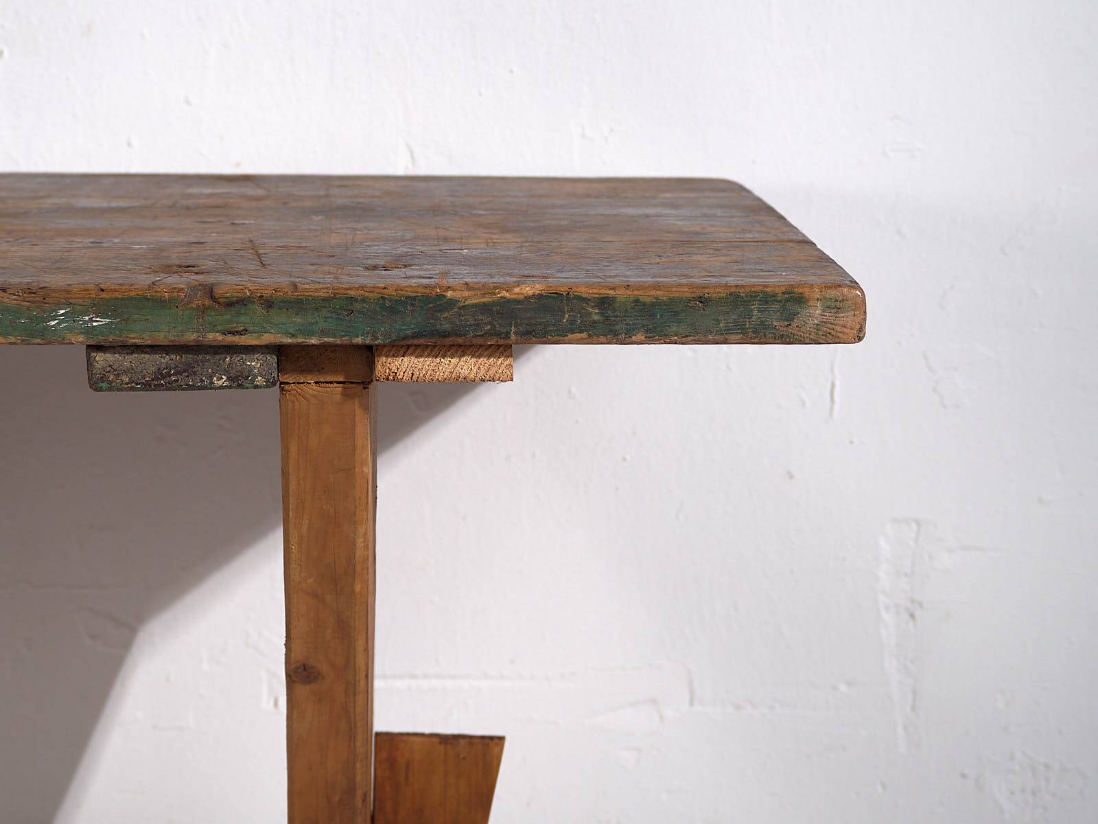 Antique solid wood table with green patina (c.1920)