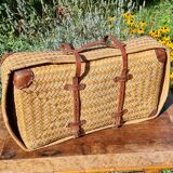 Early 20th century woven rattan straw suitcase