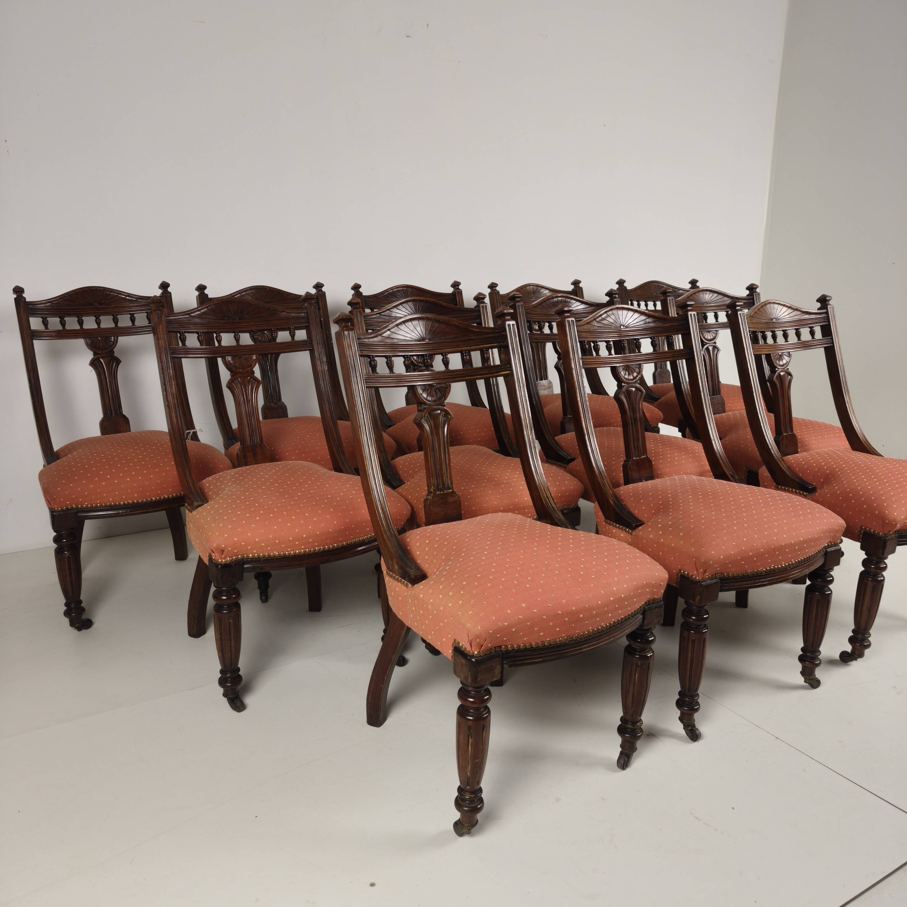 Set of 12 Late Victorian Walnut Dining Chairs with Original Castors