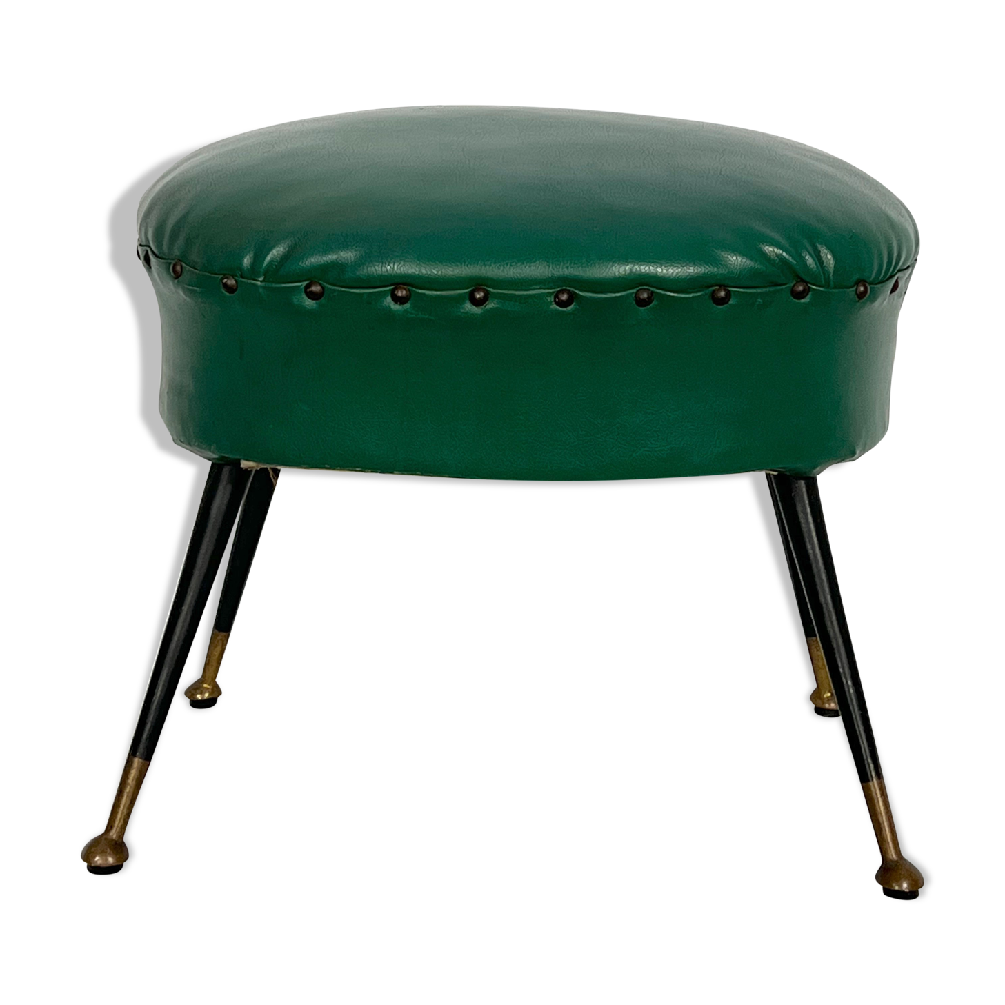 Vintage Italian green leatherette pouf with brass feet from 50s