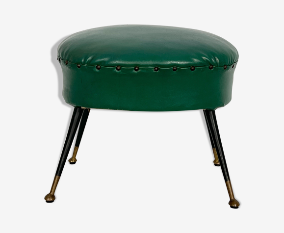 Pouf en similicuir vert italien vintage avec pieds en laiton des années 50