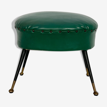 Vintage Italian green leatherette pouf with brass feet from 50s