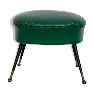 Pouf en similicuir vert italien vintage avec pieds en laiton des années 50