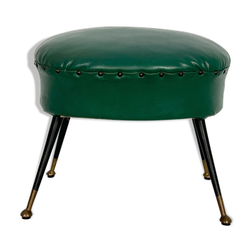 Vintage Italian green leatherette pouf with brass feet from 50s