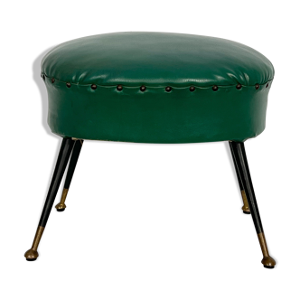 Vintage Italian green leatherette pouf with brass feet from 50s