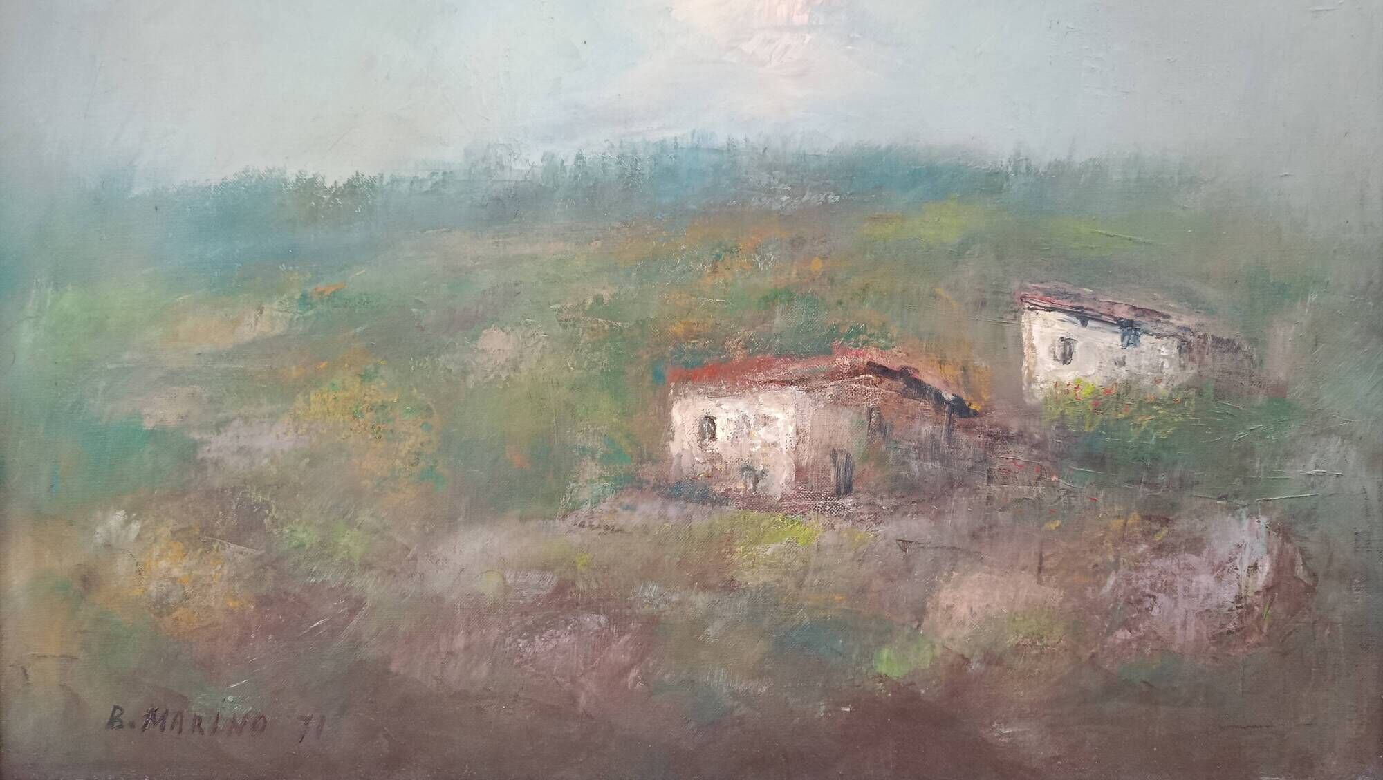 Oil canvas dwellings hill montferrat (piedmont italy) b. marino 1971