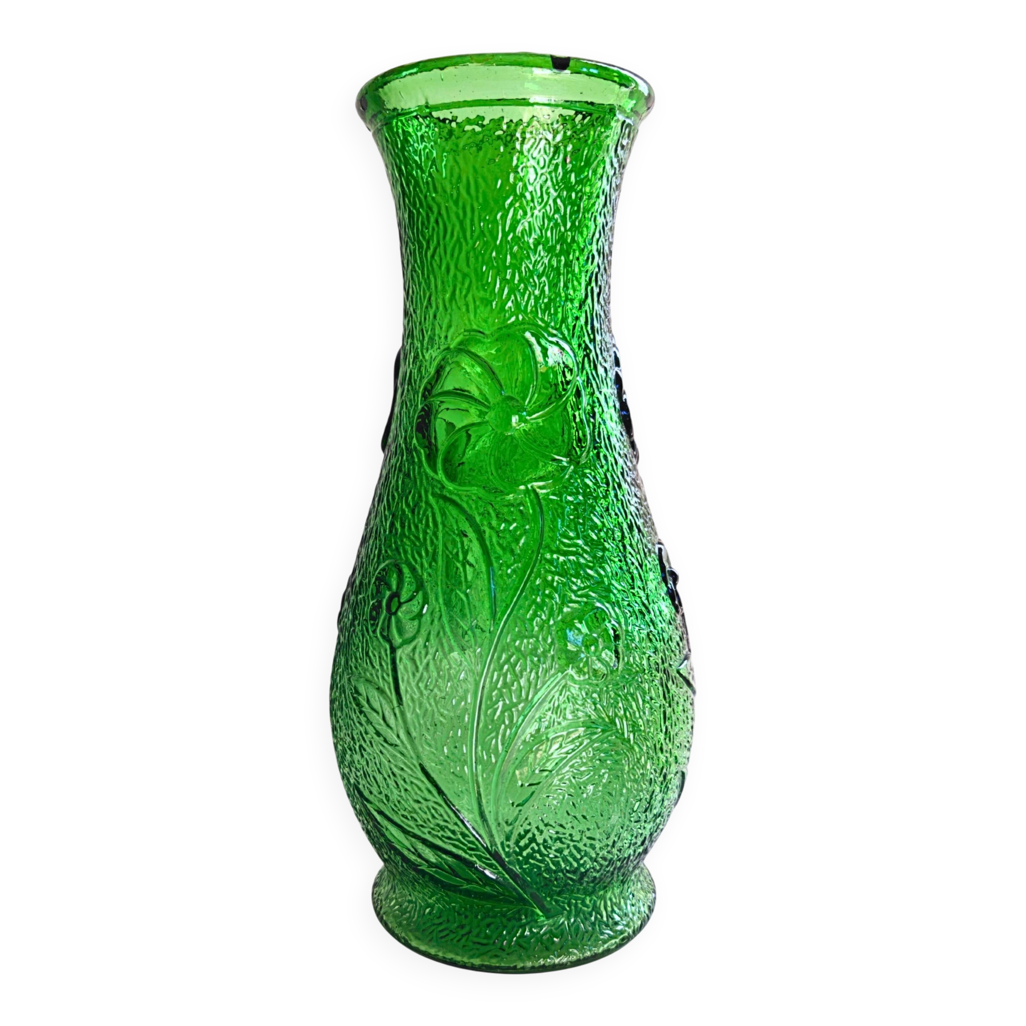 Constantin Vase Made in Italy vintage green glass with floral relief