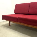 Beech sofa bed & red fabric by Drevotar Czech vintage 1960s