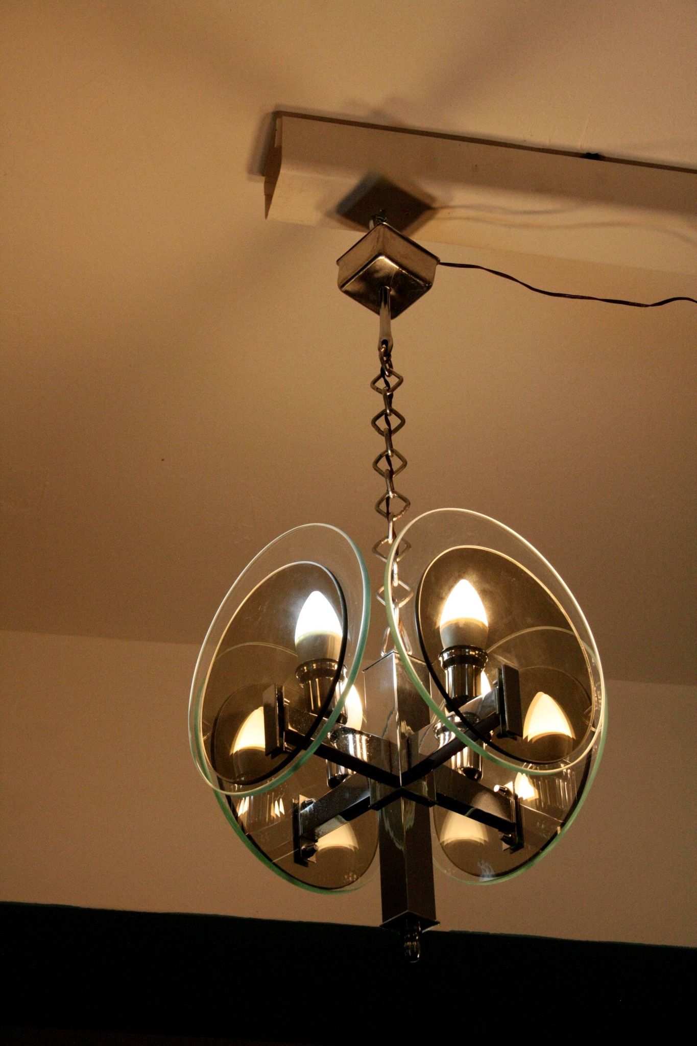 Vintage Art Deco chandelier in chrome metal and glass, Italy, 1970s