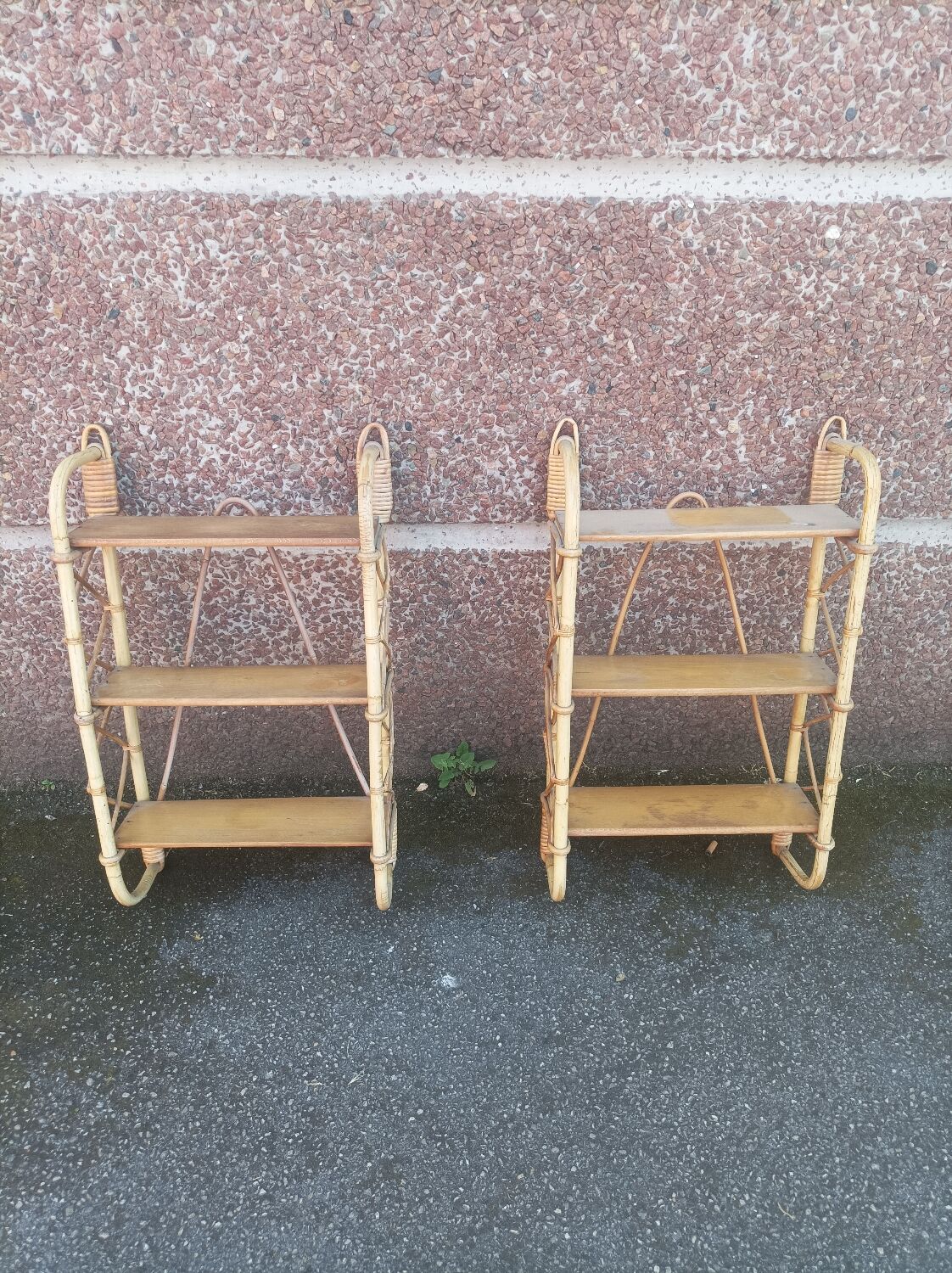 Pair of wall shelves vintage in rattan bamboo wicker