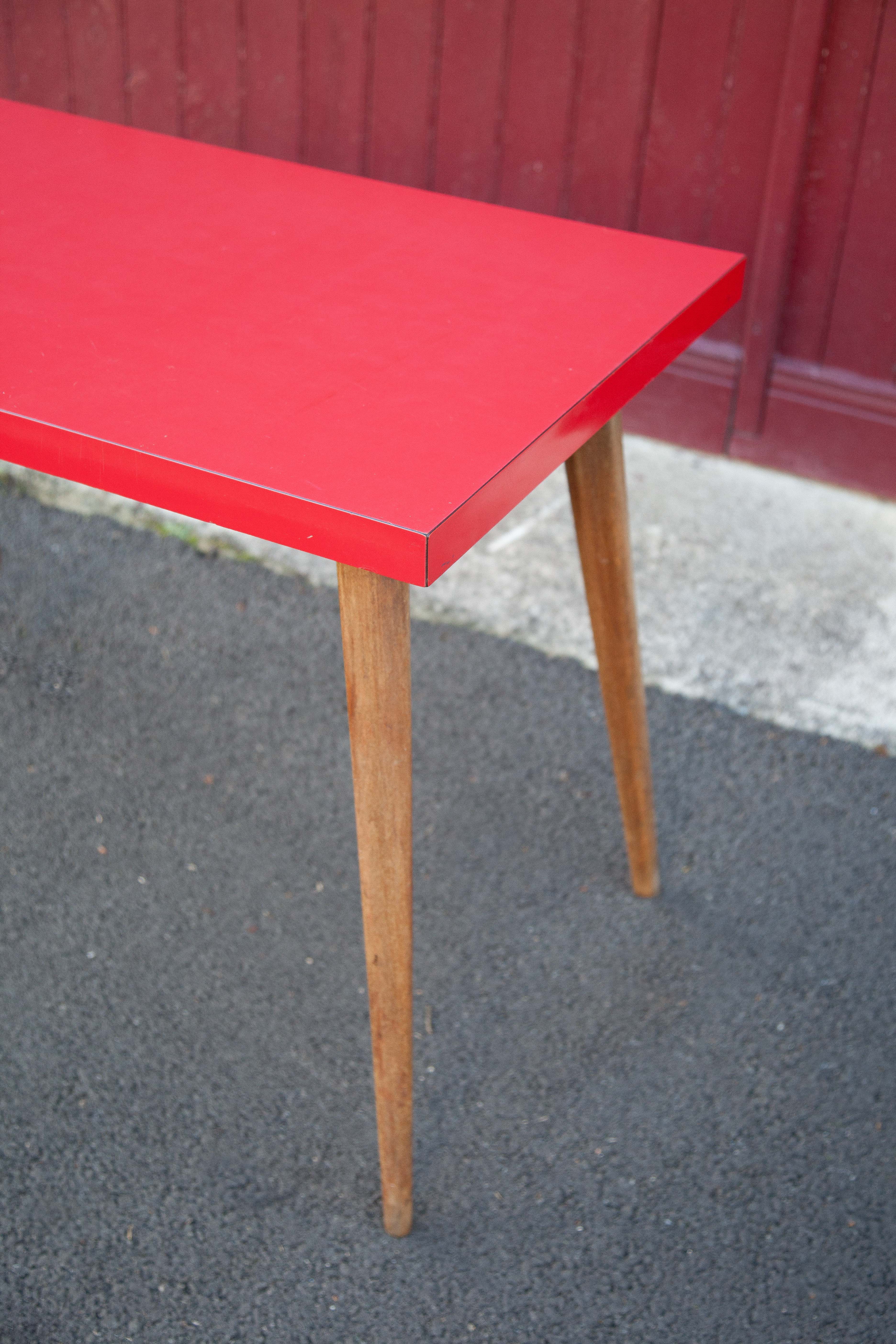 Vintage bistro table, wooden table and red formica feet compass, kitchen, countryside