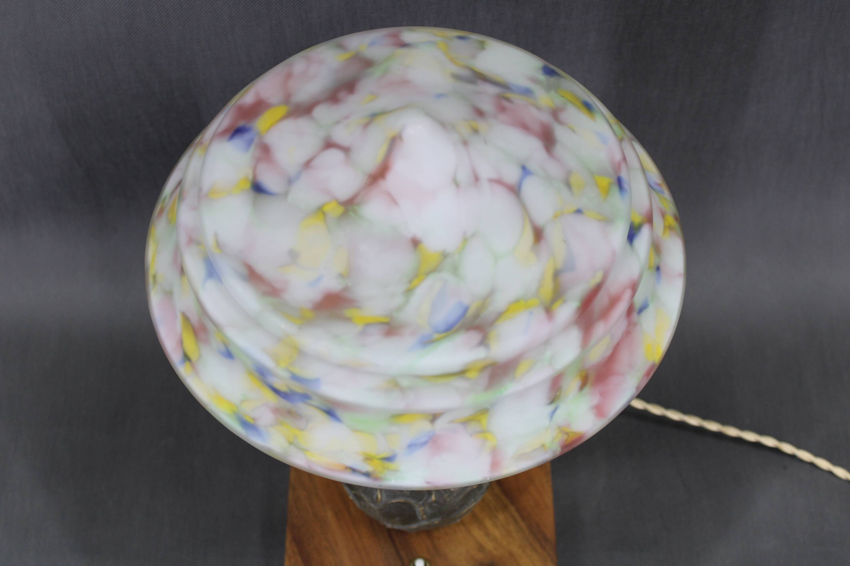 1940s restored brass table lamp with wooden base and glass shade