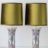 Pair of Dutch Delft Makkum ceramic table lamps with new olive green velvet shades.